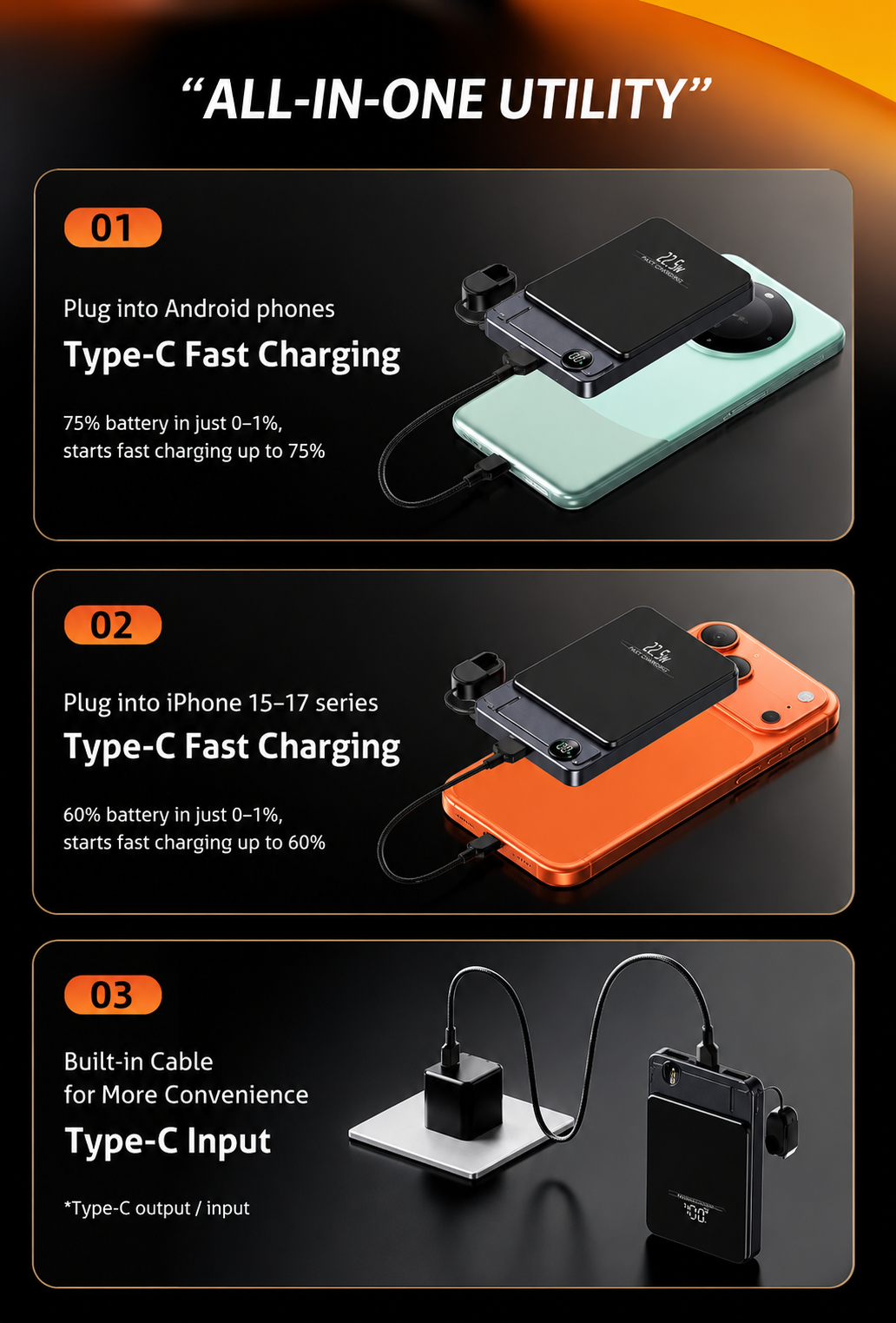 All-in-one charging for iPhone, Android, and direct power