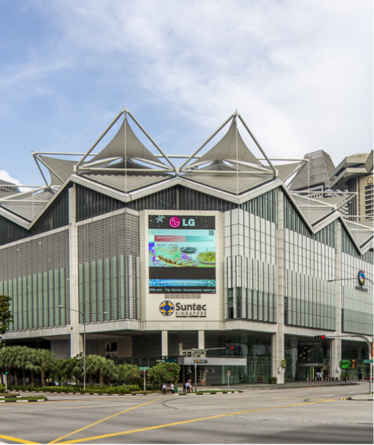 Suntec City Convention Centre exterior — modern glass building in Singapore