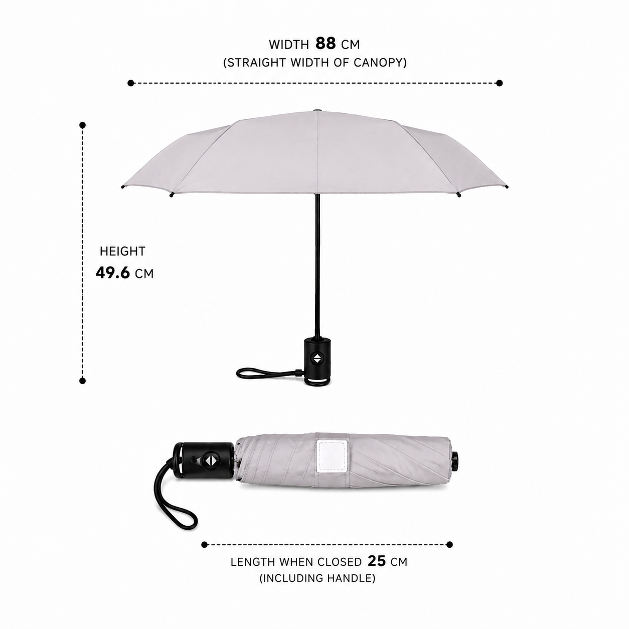 Self Fold Umbrella measurement diagram — 88cm canopy, 25cm folded