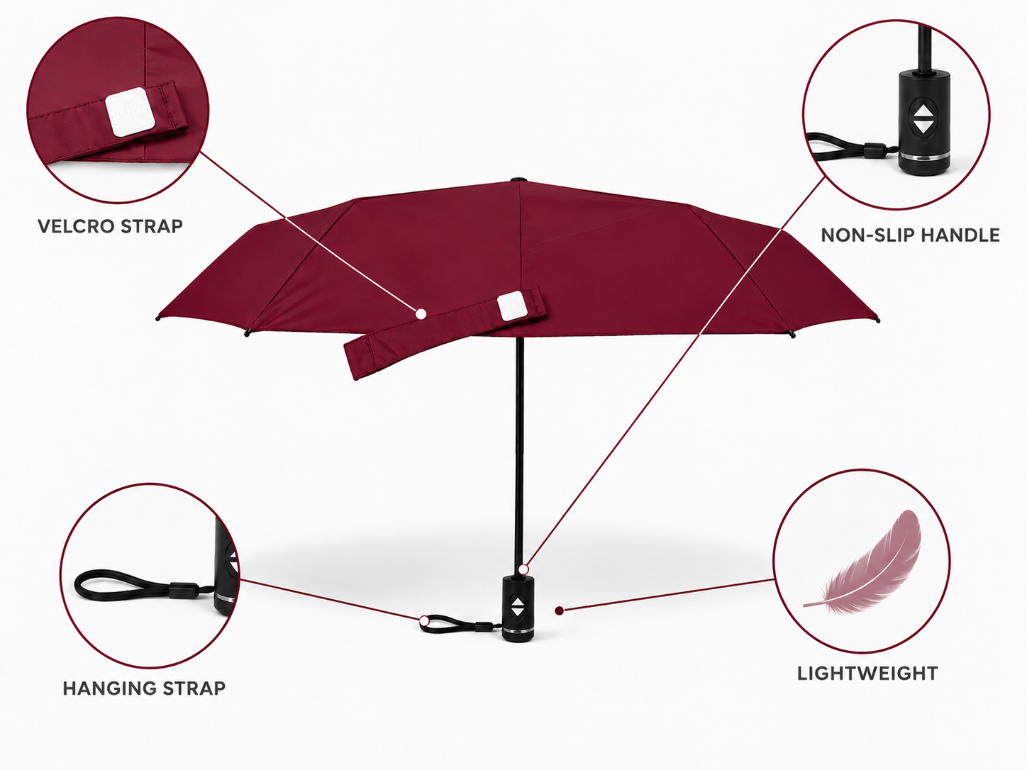 Red Self Fold Umbrella open — wind-resistant 88cm canopy